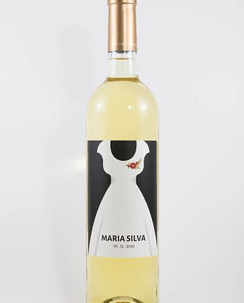 Garrafa de vinho branco com rótulo personalizável - Casamento - Vestido: nomes e data personalizáveis