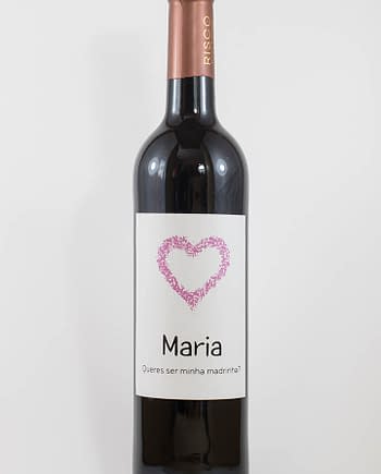 Garrafa de vinho tinto com rótulo personalizado - Casamento - Queres ser minha madrinha, com nome e coração cor de rosa