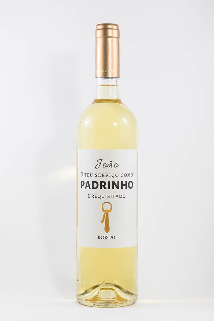 Garrafa de vinho branco com rótulo personalizado - Casamento - O teu serviço como padrinho é requisitado, gravata cor de laranja