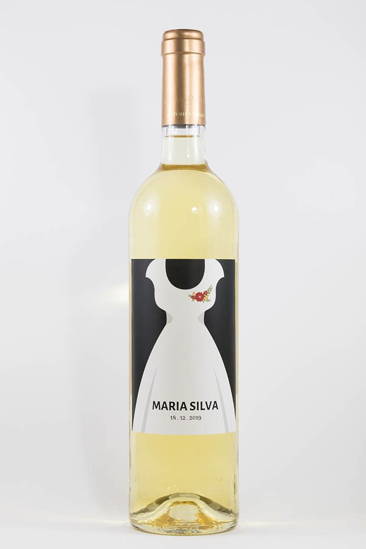 Garrafa de vinho branco com rótulo personalizável - Casamento - Vestido: nomes e data personalizáveis