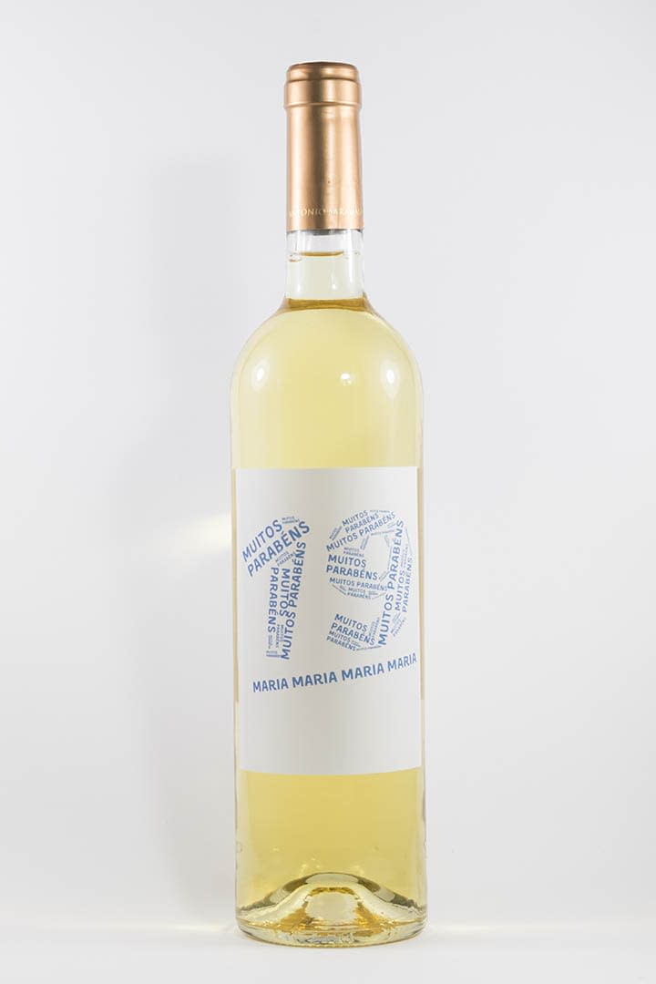Garafa de vinho branco com rótulo personalizável - Aniversário - com idade desenhada com muitos parabéns e nome em azul