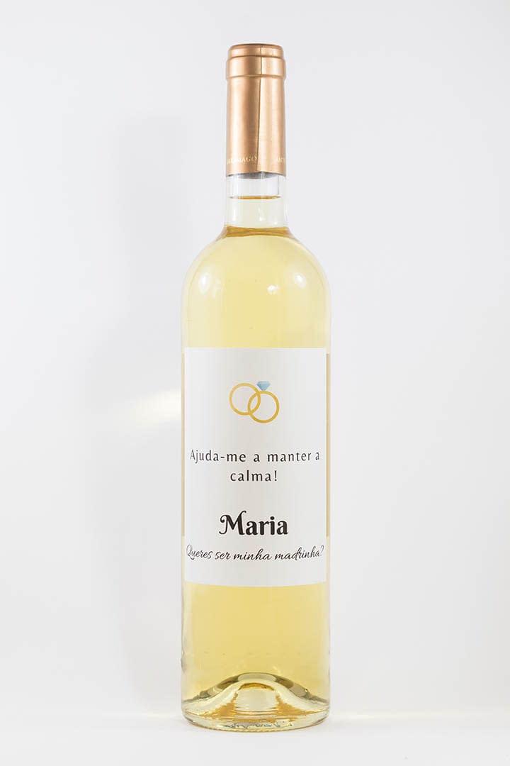 Garrafa de vinho branco com rótulo personalizado - Casamento - Ajuda-me a manter a calma, com nome e anéis coloridos