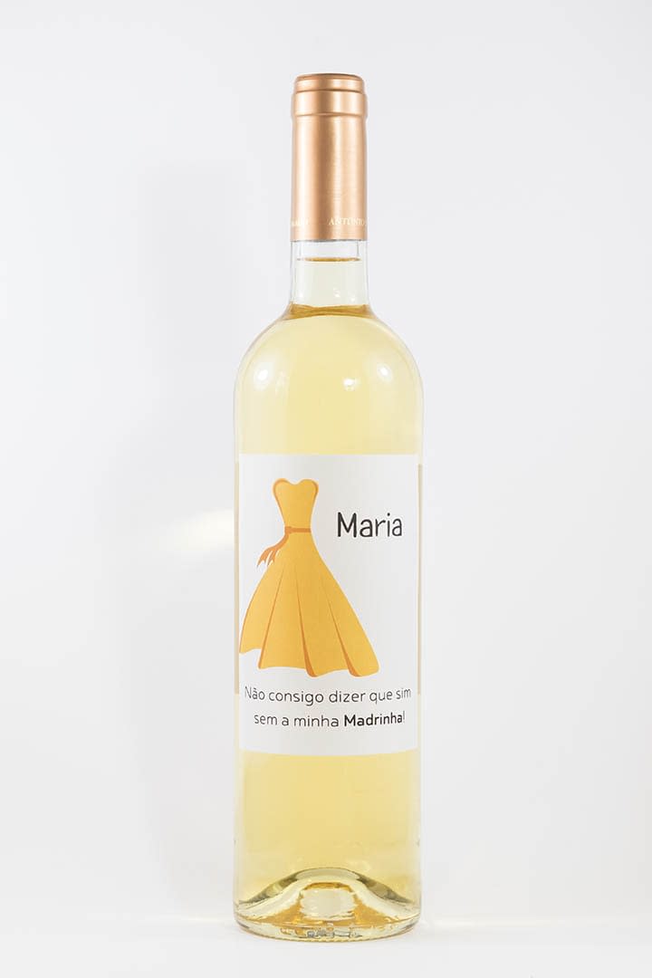 Garrafa de vinho branco com rótulo personalizado - Casamento - Vestido amarelo com nome