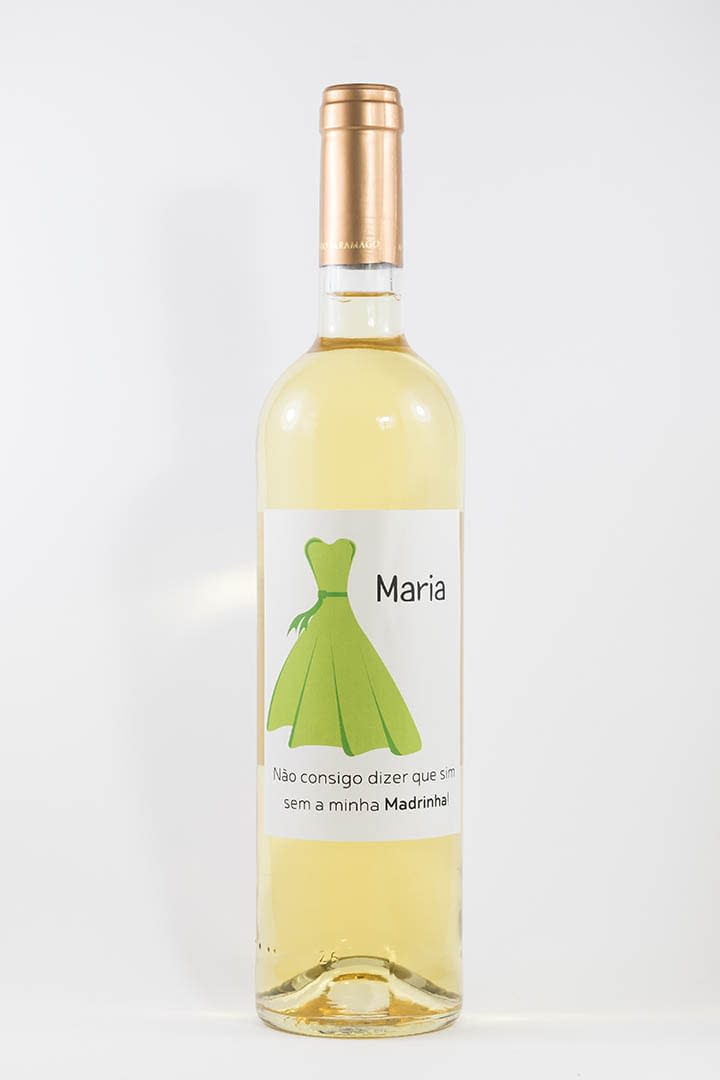 Garrafa de vinho branco com rótulo personalizado - Casamento - Vestido verde com nome