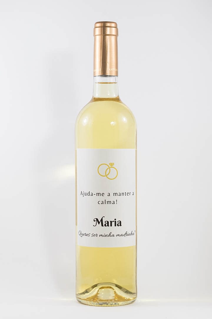Garrafa de vinho branco com rótulo personalizado - Casamento - Ajuda-me a manter a calma, com nome e anéis amarelos