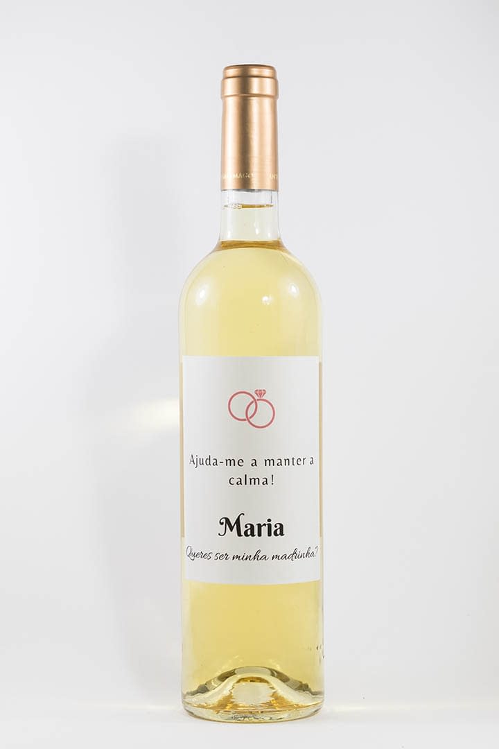 Garrafa de vinho branco com rótulo personalizado - Casamento - Ajuda-me a manter a calma, com nome e anéis cor de rosa