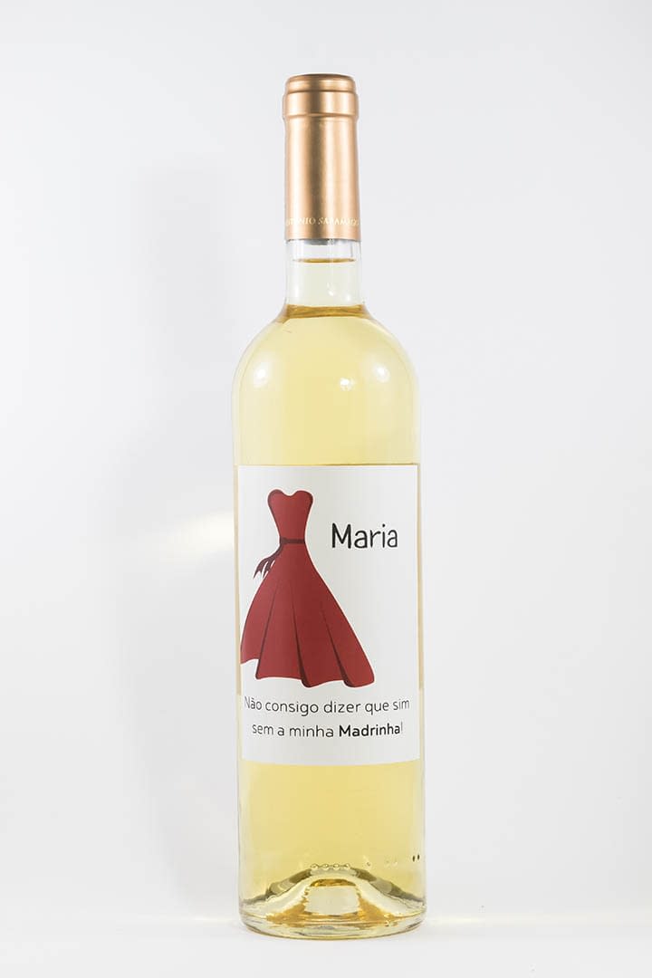 Garrafa de vinho branco com rótulo personalizado - Casamento - Vestido vermelho com nome