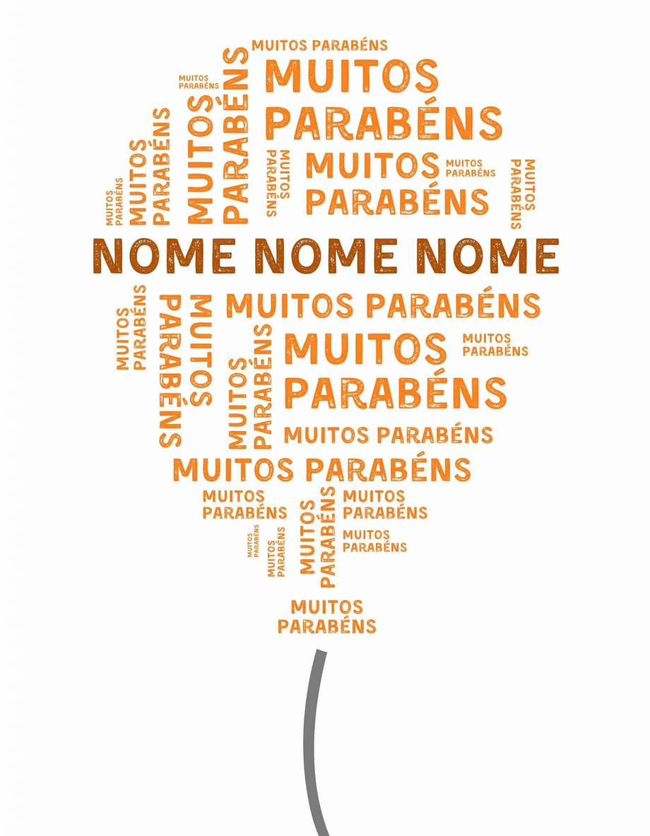 Rótulo pesonalizável - Aniversário - Balão com muitos parabéns e nome personalizável em cor de laranja