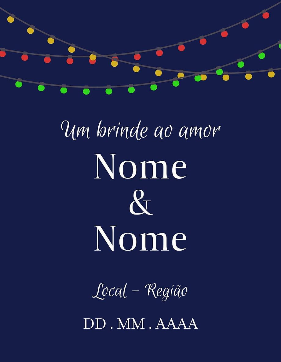 Rótulo personalizável - Casamento - Um brinde ao amor: nomes, local e data personalizáveis. Luzes coloridas em fundo azul