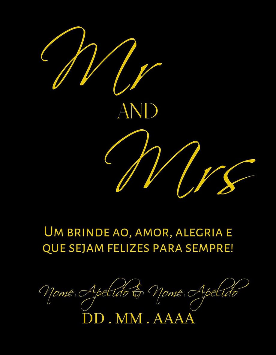 Rótulo personalizável - Casamento - Mr and Mrs: nomes e data personalizáveis. Letras amarelas em fundo preto