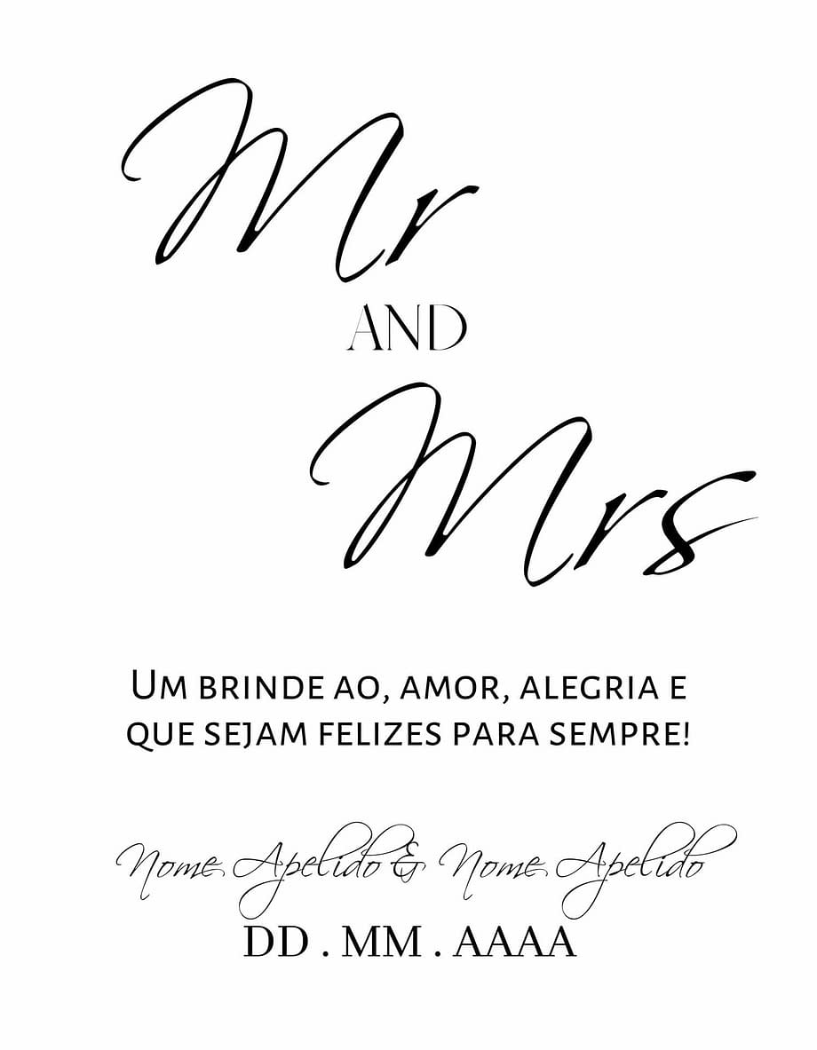Rótulo personalizável - Casamento - Mr and Mrs: nomes e data personalizáveis. Letras pretas em fundo branco