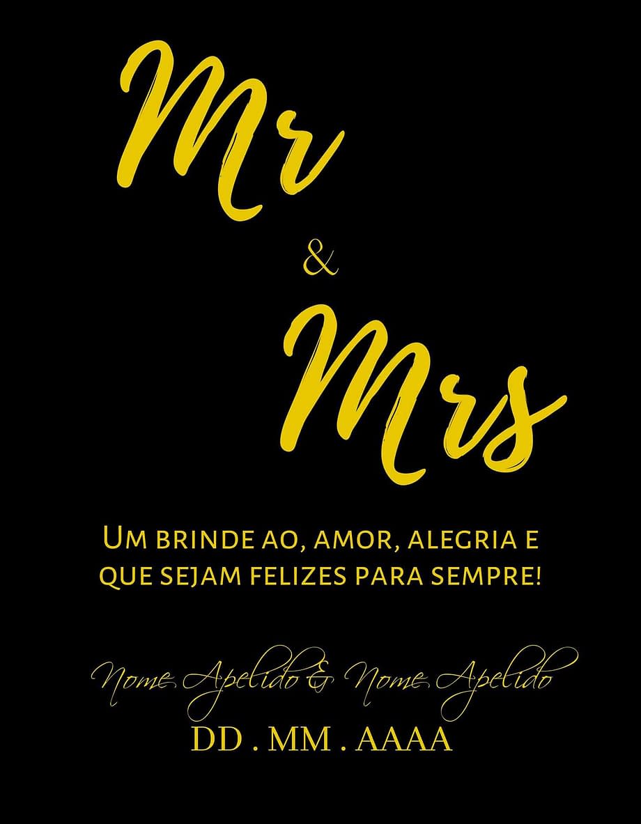 Rótulo personalizável - Casamento - Mr and Mrs: nomes e data personalizáveis. Letras amarelas em fundo preto