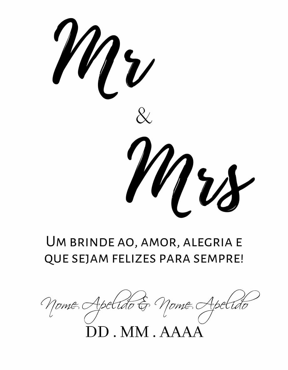 Rótulo personalizável - Casamento - Mr and Mrs: nomes e data personalizáveis. Letras pretas em fundo branco