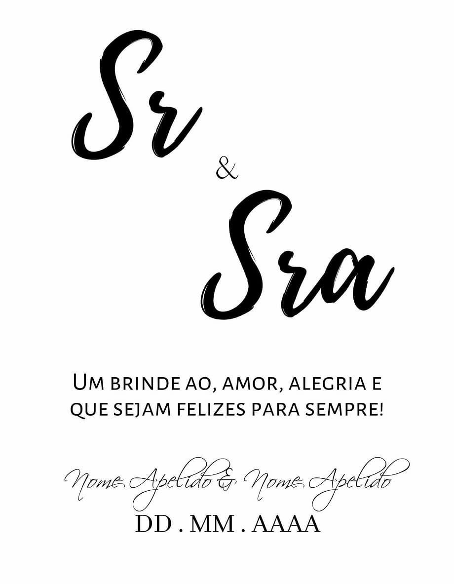 Rótulo personalizável - Casamento - Sr e Sra: nomes e data personalizáveis. Letras pretas em fundo branco